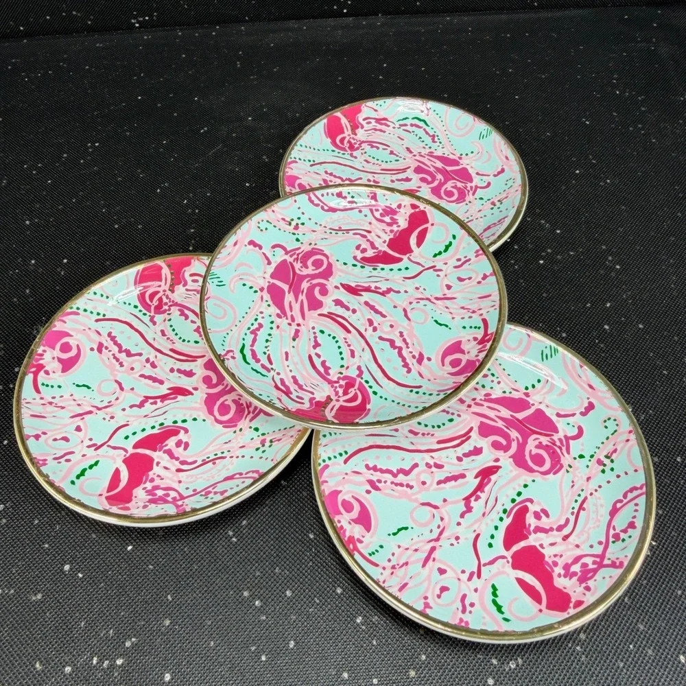 Lilly Pulitzer Ceramic Trinket Dish Set 4 Pink Blue Floral Gold Rim 4 Inch